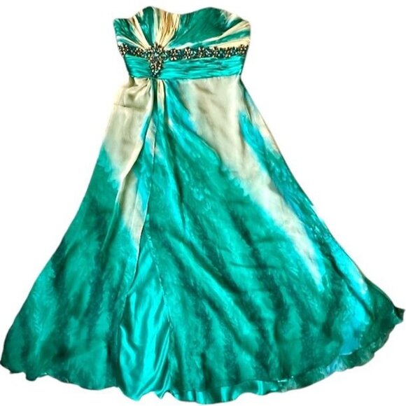 Y2K Bicici Strapless Teal & Cream Ombre Beaded Evening Gown Floor-Length XL - Picture 4 of 14